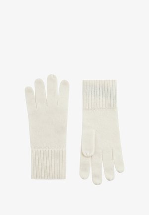 Gants en tricot couleur blanc cassé, dotés d'un poignet côtelé et d'une texture lisse. Chaque gant a cinq doigts et un ajustement snug.