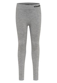 Grå leggings med en slät textur, elastisk midja med en logotyp. Fitted design som sträcker sig ner till anklarna. Inga mönster eller detaljer.