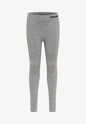 Leggings gris avec une texture lisse, ceinture élastique arborant un logo. Design ajusté allant jusqu'aux chevilles. Sans motifs ni accents.