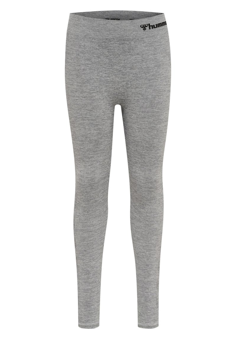 Grå leggings med en slät textur, elastisk midja med en logotyp. Fitted design som sträcker sig ner till anklarna. Inga mönster eller detaljer.