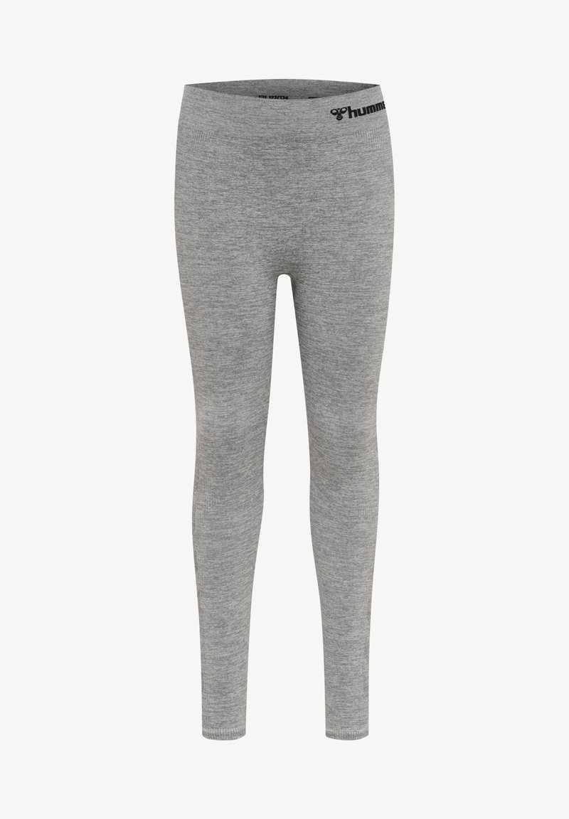 Grå leggings med en slät textur, elastisk midja med en logotyp. Fitted design som sträcker sig ner till anklarna. Inga mönster eller detaljer.