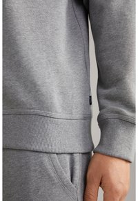 Sudadera gris con puños y dobladillo acanalados, que presenta una textura suave y lisa, y una pequeña etiqueta con el logo en el lateral.