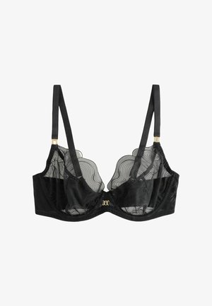 Schwarzer transparenter Bügel-BH mit wellenförmigen Stickmustern, verstellbaren Trägern und einem kleinen goldenen Zierverschluss in der vorderen Mitte.