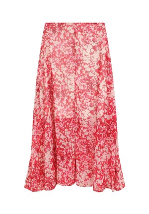 Vloeiende midi-jurk gemaakt van lichte stof. Heeft een abstract bloemenpatroon in roze en crème met een iets uitlopende zoom.