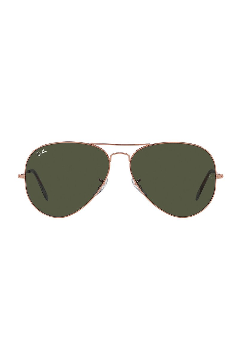 Occhiali da sole Ray-Ban aviator con lenti verdi, montatura in metallo rosa oro e cuscinetti nasali trasparenti. Design elegante con forma delle lenti prominente e aste sottili.