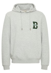 Gray hooded sweatshirt made of soft fabric featuring a front pocket, ribbed cuffs, and a green embroidered "B" logo on the chest.