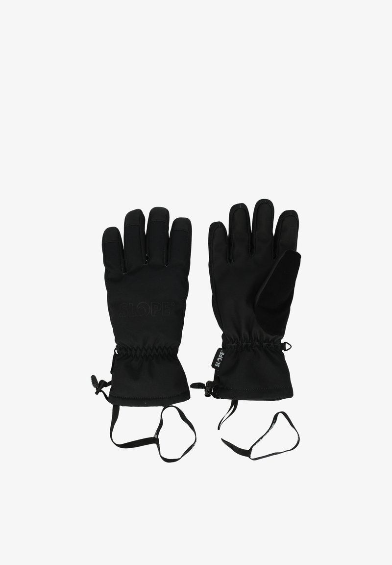 Guanti isolati neri con cinque dita, polsini elasticizzati, cinturini regolabili e un logo lungo il palmo per una presa migliore.