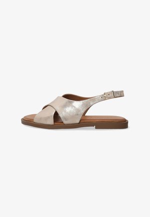 Metallic gold sandals with crisscross straps, open toe design, adjustable ankle strap, and flat brown sole. Smooth texture.