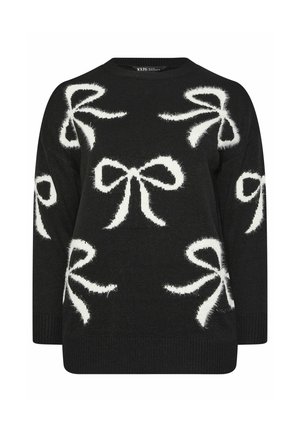 Maglione nero con motivi a fiocchi bianchi e soffici. Design con collo a girocollo, maniche lunghe e polsini e orlo a costine. Texture morbida.