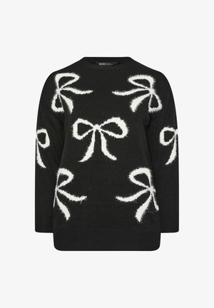 Maglione nero con motivi a fiocchi bianchi e soffici. Design con collo a girocollo, maniche lunghe e polsini e orlo a costine. Texture morbida.