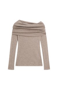 Top a maniche lunghe, senza spalle, di un leggero colore taupe. Realizzato in tessuto morbido con scollo drappeggiato e maniche aderenti.