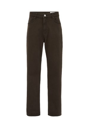 Jeans di cotone marroni con design a gamba dritta, dotati di chiusura frontale con bottone, passanti per cintura e due tasche laterali.