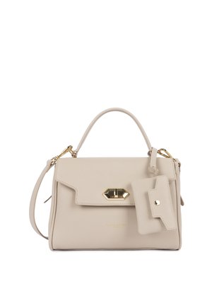Borsa a mano in pelle beige con manico superiore, tracolla staccabile, chiusura a scatto in tonalità oro e piccola pochette con chiusura a pressione allegata.