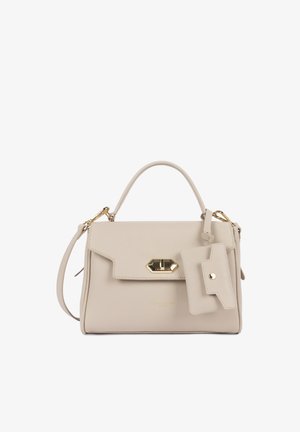 Borsa a mano in pelle beige con manico superiore, tracolla staccabile, chiusura a scatto in tonalità oro e piccola pochette con chiusura a pressione allegata.