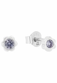 Orecchini a perno a forma di fiore in argento, con un rotondo gemstone viola al centro, incastonato in un bezel di argento lucidato.