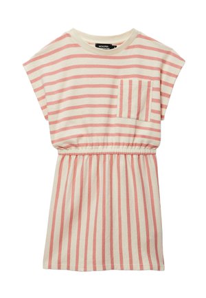Robe à manches courtes rayée crème et rose avec taille élastique et poche poitrine à rayures verticales.