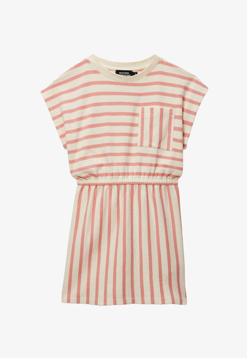 Robe à manches courtes rayée crème et rose avec taille élastique et poche poitrine à rayures verticales.