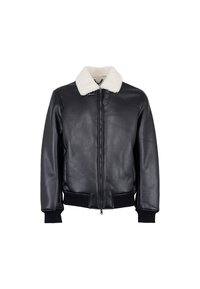 Giacca bomber nera in pelle con colletto in pelliccia sintetica bianca, chiusura frontale con zip, polsini e orlo a coste. Texture liscia, design classico.