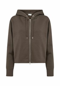 Felpa con cappuccio tagliata in marrone scuro, realizzata in tessuto morbido, con chiusura frontale a zip e cappuccio regolabile con cordini. I polsini a coste completano il design.