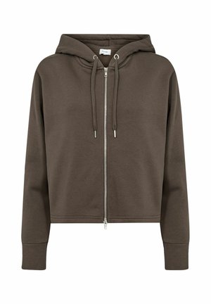 Gerade geschnittenes Kapuzensweatshirt in Dunkelbraun, aus weichem Stoff gefertigt, mit einem Frontreißverschluss und einer Kapuze mit Kordelzug. Die gerippten Bündchen runden das Design ab.
