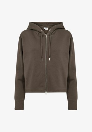 Hanorac scurt cu glugă de culoare maro închis, realizat dintr-un material moale, având închidere frontală cu fermoar și glugă cu șnur. Manșetele cu model côtelé completează designul.