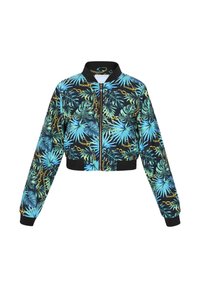 Geknipte bomberjack met een zwarte basis en een levendig blauw en groen tropisch bladpatroon, verfraaid met gouden kettingontwerpen en geribbelde manchetten.