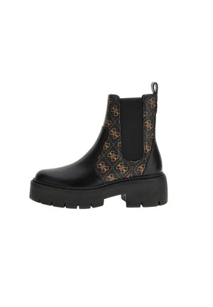 Stivaletti Chelsea neri in pelle con un pannello elastico decorato e un logo dorato, suola in gomma spessa e linguetta per una facile calzata.