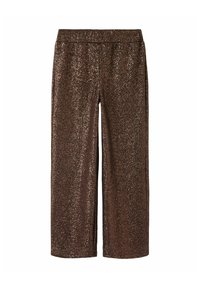 Pantalons en paillettes bruns à jambes larges avec une texture brillante et une taille élastique, présentant une coupe ample et une finition lisse sur l'ensemble.
