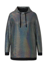 Zwarte hoodie met glanzend, iriserend stippenpatroon. Beschikt over een trekkoordcapuchon en ribgebreide manchetten. Zachte textuur en losse pasvorm.