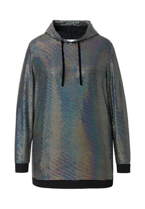 Sudadera negra con un patrón de puntos iridiscentes y brillantes. Cuenta con una capucha ajustable y puños acanalados. Textura suave y corte holgado.