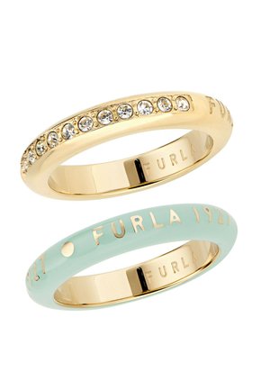 Auksinis apyrankė su skaidriais kristalais viršuje ir mėtinės žalumos emaliu apačioje, abu su auksiniais akcentais ir graviruotais "FURLA" detalėmis.