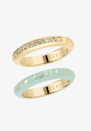 Gouden armband met heldere kristallen bovenop en muntgroene emaille eronder, beide met gouden accenten en gegraveerde "FURLA" details.
