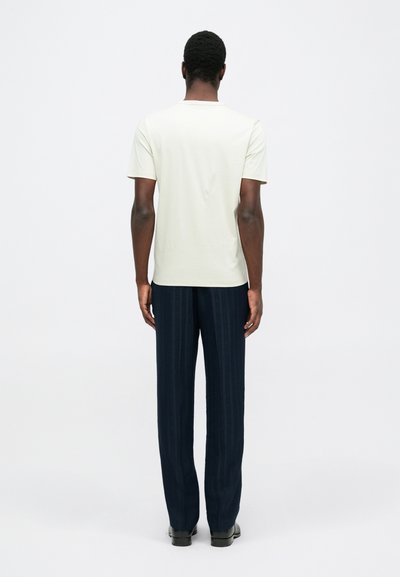 Heledhall hallide lühikese varrukaga T-särk ümmarguse kaelusega, millest on kokku pandud tumehallid, vertikaalselt triibulised, laiade säärega püksid ja mustad kingad.