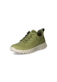 Sneaker verde in suede con tomaia texturizzata, lacci elastici e una spessa suola bianca con un motivo a onde. Design minimalista con linguetta.