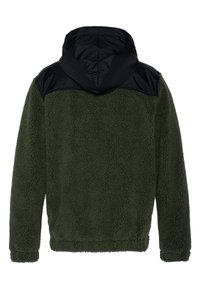 Giacca in pile verde scuro con una superficie testurizzata, caratterizzata da un cappuccio in satin nero e dettagli sui lati delle spalle. La vista posteriore mostra una vestibilità rilassata.