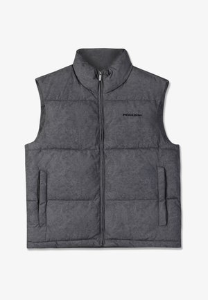 Kergitatud tumehall vest kõrge kraega, ees lukuga ja kahe küljetaskuga. Rinnapiiril on logo. Valmistatud tekstuurist kangast.