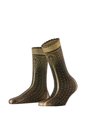 Pair of mid-calf socks with gold and black intricate patterns, scalloped top edge, and small dot designs throughout the fabric.