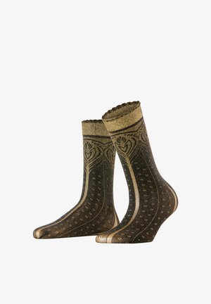 Pair of mid-calf socks with gold and black intricate patterns, scalloped top edge, and small dot designs throughout the fabric.