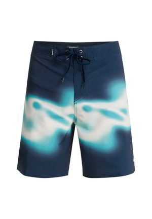 Blå og hvide herre badeshorts med et gradient bølgemønster, elastisk taljebånd med snøre og glat polyester materiale.