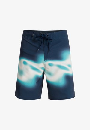 Shorts de bain pour hommes bleus et blancs avec un motif de vague en dégradé, taille élastique avec cordon de serrage, et matière polyester lisse.
