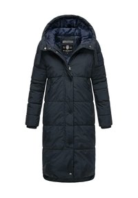 Long navy puffer coat with a hood, featuring a zip closure, button accents, side pockets, and quilted texture. Lined interior in navy.
