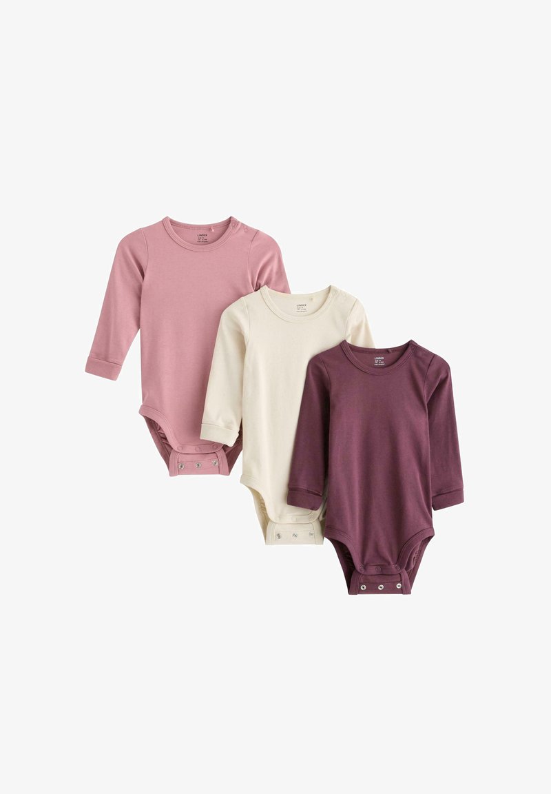 Tre langærmede bodystockings i pink, creme og lilla. Blødt bomuldsstof med trykknapper i bunden og en rund halsudskæring.