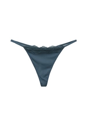 Teal thong underwear made of smooth fabric with lace trim along the waistband. Minimalistic design with adjustable side straps.