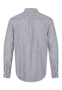 Langärmliges Hemd mit abknöpfdbaren Manschetten, in vertikalen navy- und weißen Streifen, von hinten auf einem weißen Hintergrund gezeigt.