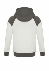 Kapuzensweatshirt mit weißem Körper und dunkelgrauen Akzenten an Schultern und Bündchen. Verfügt über eine Kängurutasche und einen gerippten Saum. Weiche Textur.