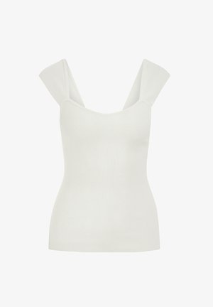 Valge soonikkoega top laiade õlapaeltega ja ümar kaelusega. Kangas on sile, vormis ja õrna tekstuuriga.