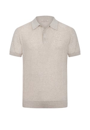 Beige Kurzarm-Strick-Poloshirt mit zwei Knöpfen und geripptem Kragen, Bündchen und Saum, mit dezenten vertikalen strukturierten Streifen.