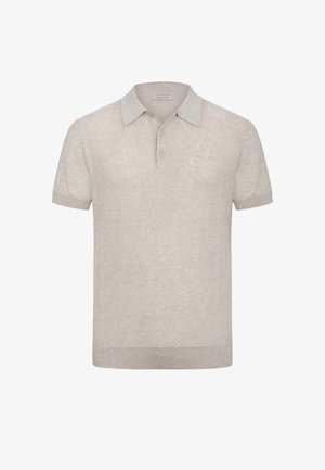 Beige Kurzarm-Strick-Poloshirt mit zwei Knöpfen und geripptem Kragen, Bündchen und Saum, mit dezenten vertikalen strukturierten Streifen.