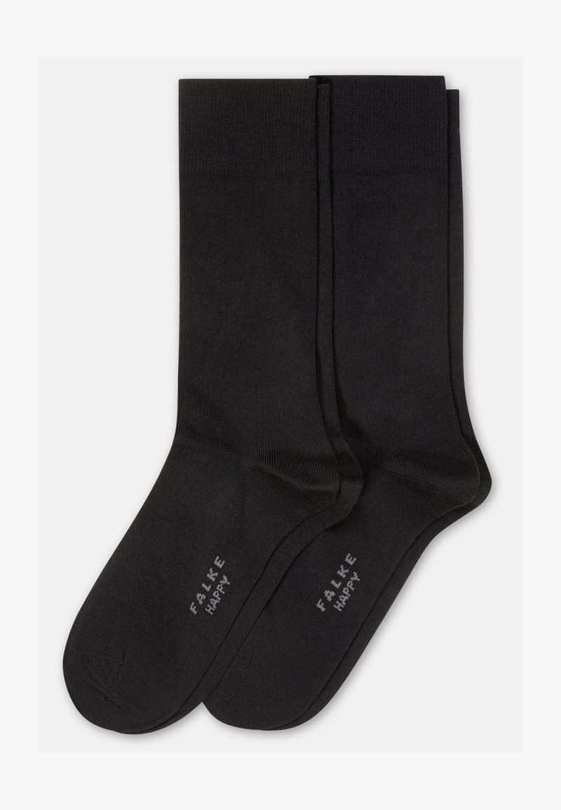 Paar schwarze Socken bis zur Mitte der Wade mit gerippten Bündchen und dem Schriftzug "FALKE HAPPY" in Hellgrau auf der Sohle gedruckt.