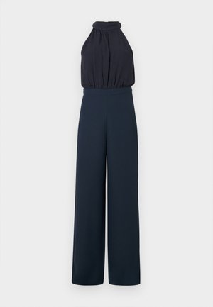 Sort, ærmeløs halter-neck jumpsuit med en rynket krop og bukser med vide ben, vist på en ensfarvet baggrund.